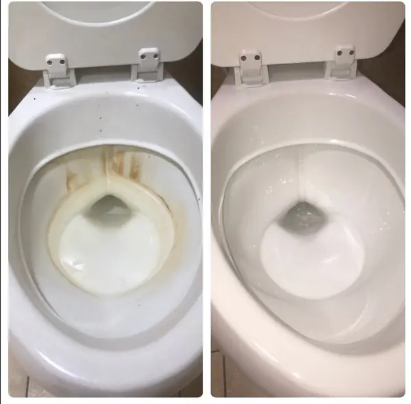 Before and after: a heavily stained toilet bowl cleaned to bright white