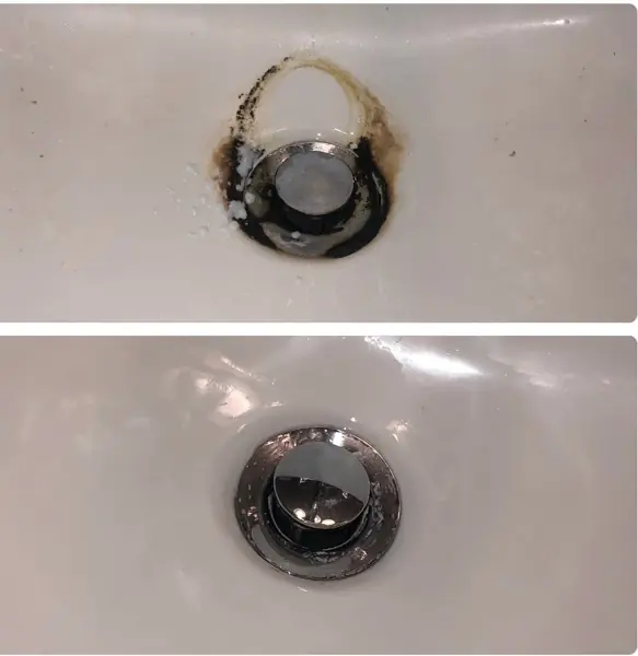 Before and after: rust around a bathtub overflow drain, then clean chrome