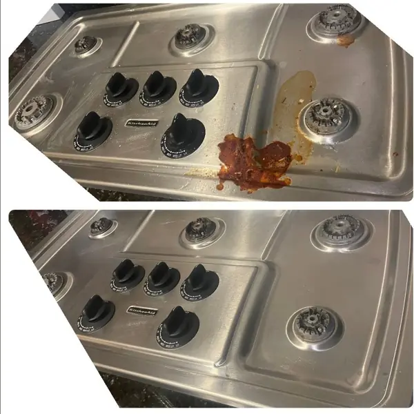 Before and after: food spill on a stainless gas cooktop, then clean
