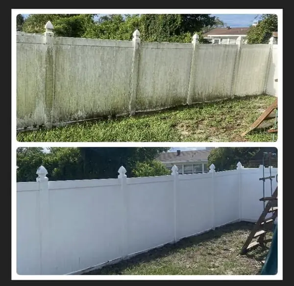 Before and after: mildew-stained white vinyl fence, then bright white